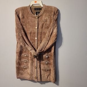 Vintage beaded velour sweater, camel brown, size large to XL